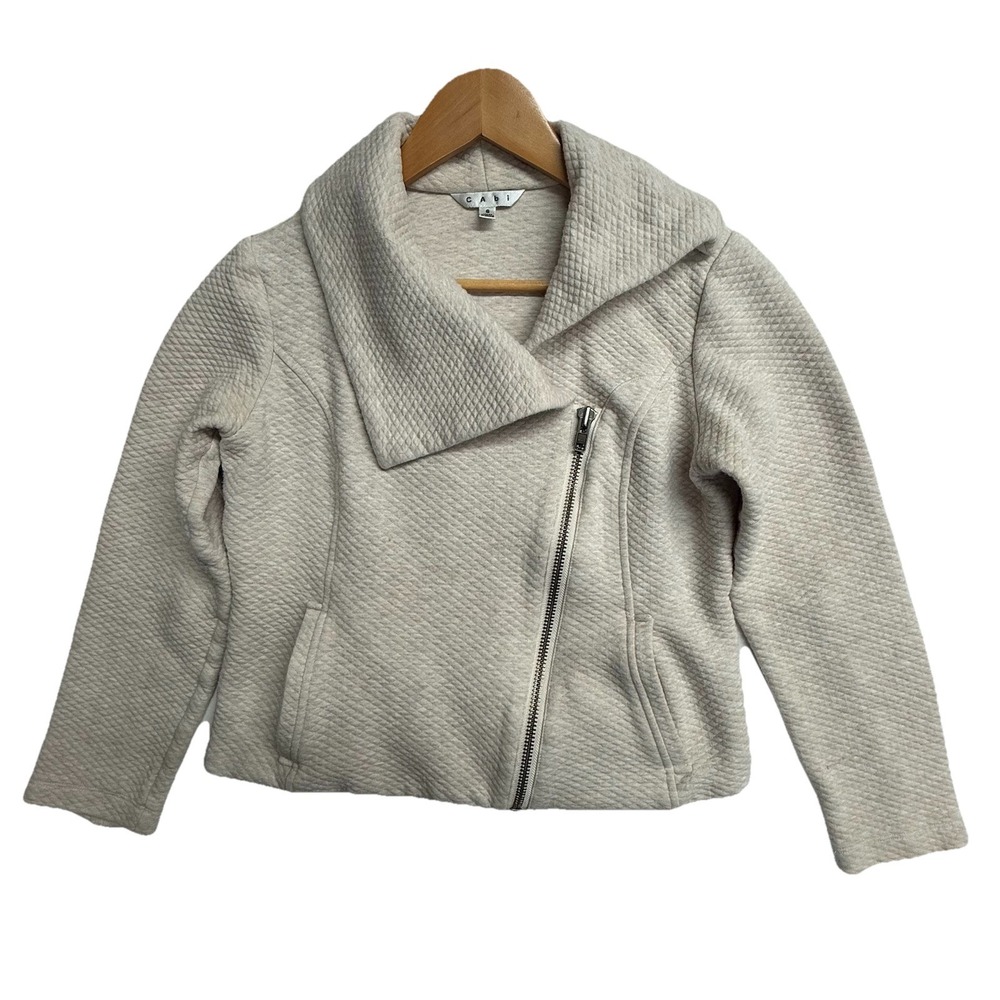 CAbi Cream Textured Moto Jacket Womens S Cropped‎ Zip Quilted Casual Cotton